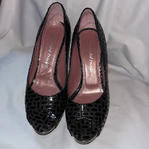 Jean-michel Cazabat Leather Brick Pattern Black Platform Heels size 39 Peep Toe - Picture 1 of 16